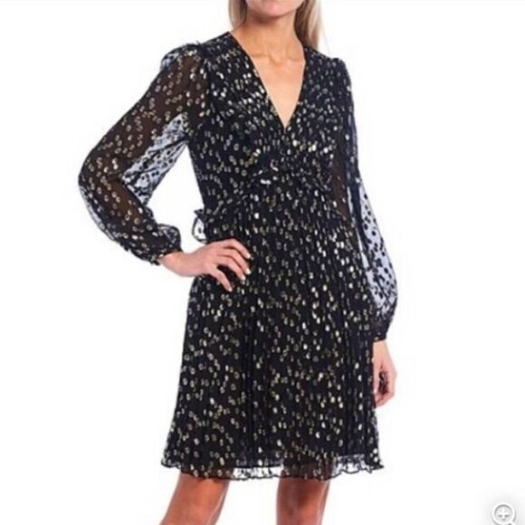 A loves A Silk Metallic Gold Black Long Sleeve Babydoll Layered Dress Size Small - Picture 1 of 12